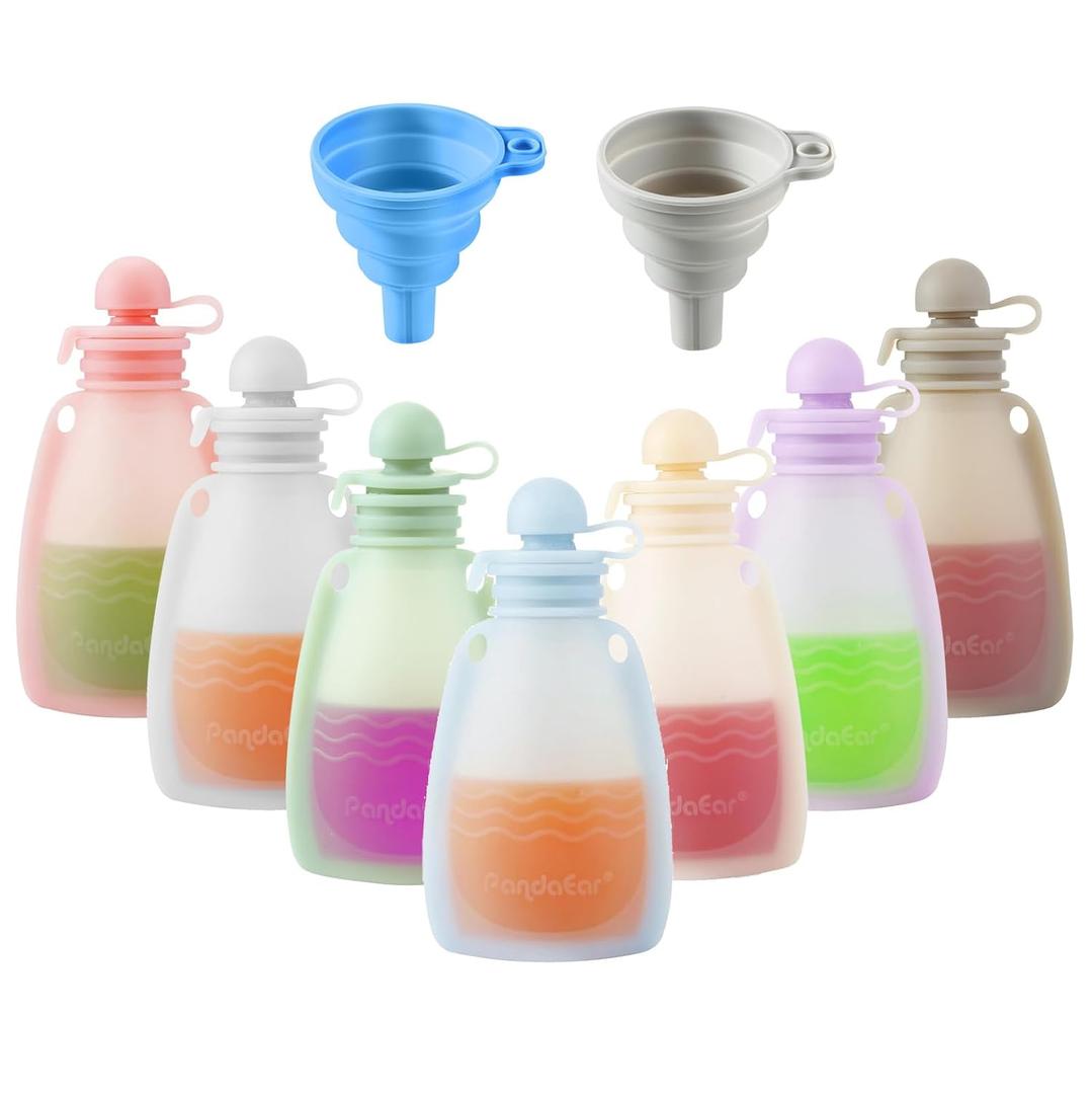 PandaEar Reusable Silicone Baby Food Pouches, 7 Pack Squeeze Pouches for Toddler Kids, BPA-Free Silicone Refillable Baby Food Storage, 5 oz /150 ml