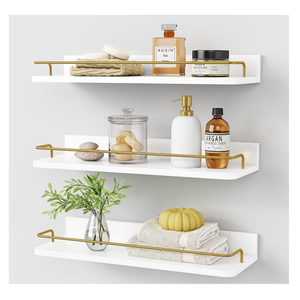 Gold Floating Shelves for Wall Decor Set of 3, Bathroom Shelves Over Toilet, Modern Display Wall Shelf with Guard Rail for Living Room Bedroom Organizers and Storage - White and Gold