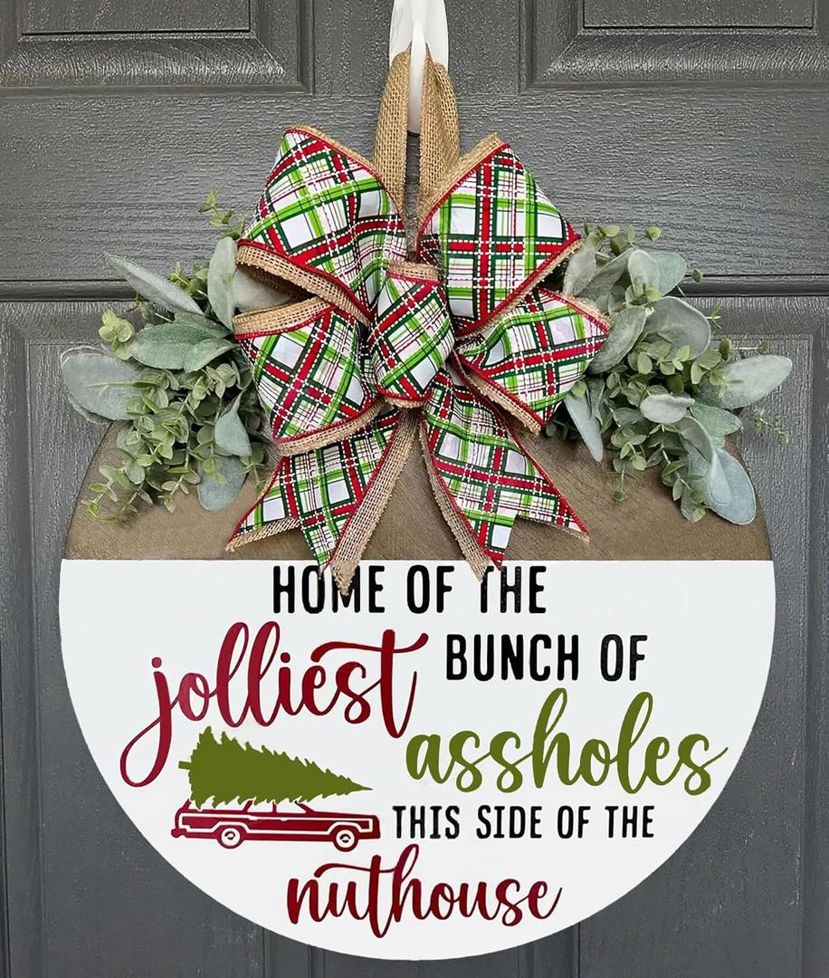 Christmas Welcome Wreath Decorations, Funny Christmas Hanging Sign for Front Door, Wooden Door Wreath with Bow for Holiday Rustic Farmhouse Outdoor Wall Window Decor (Style A)