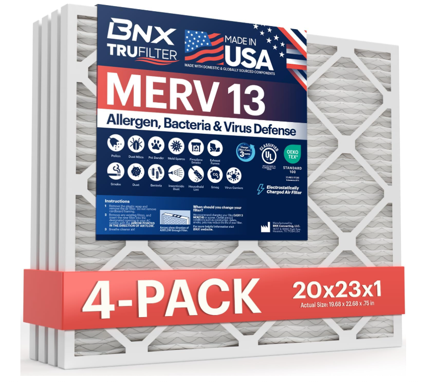 BNX TruFilter 20x23x1 Air Filter MERV 13 (4-Pack) - MADE IN USA - Electrostatic Pleated Air Conditioner HVAC AC Furnace Filters for Allergies, Pollen, Mold, Bacteria, Smoke, Allergen, MPR 1900 FPR 10