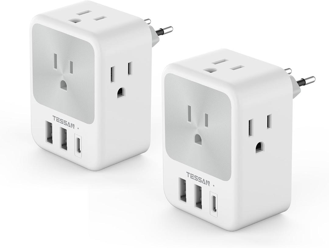 European Travel Plug Adapter 2 Packs, TESSAN Europe International Power Adaptor with 4 Outlets 3 USB Charging Ports (1 USB C), Type C Plug for Germany Iceland Spain Italy France