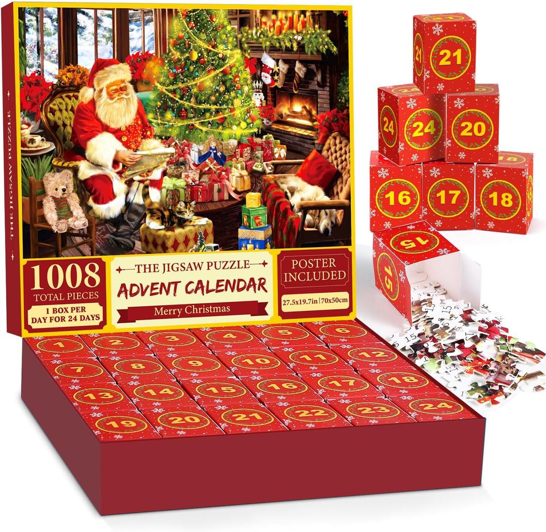 Jigsaw Puzzle Advent Calendar 2025 for Kids Adults, 24 Days Surprise Christmas Countdown Advent Calendar, Santa's Surprise,1008 Pieces Stocking Stuffers Christmas Gifts Puzzle 19.7 x 27.6 inches