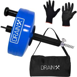 DrainX.com Steel Power Pro Drum Auger Plumbing Snake with Drill Attachment | Use Manually or Powered | Heavy Duty Cable with Work Gloves and Storage Bag Included
