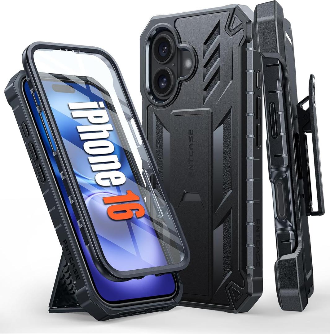 FNTCASE for iPhone 16 Phone Case: Military Grade Protection [Built in Screen Protector] [Belt Clip Holster & Kickstand] Shockproof TPU Protective Bumper | Rugged Drop Proof Matte Cover Black
