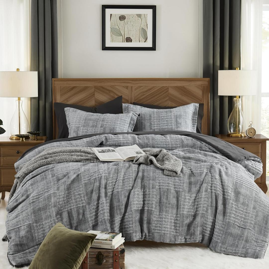 MaiRve Charcoal Grey Queen Comforter Set, Textured Design Grey Crinkle Bed in A Bag Queen Size, Queen Comforter Set with 7 Pieces with Comforter, Sheets, Pillowcases & Shams 90"x 90"