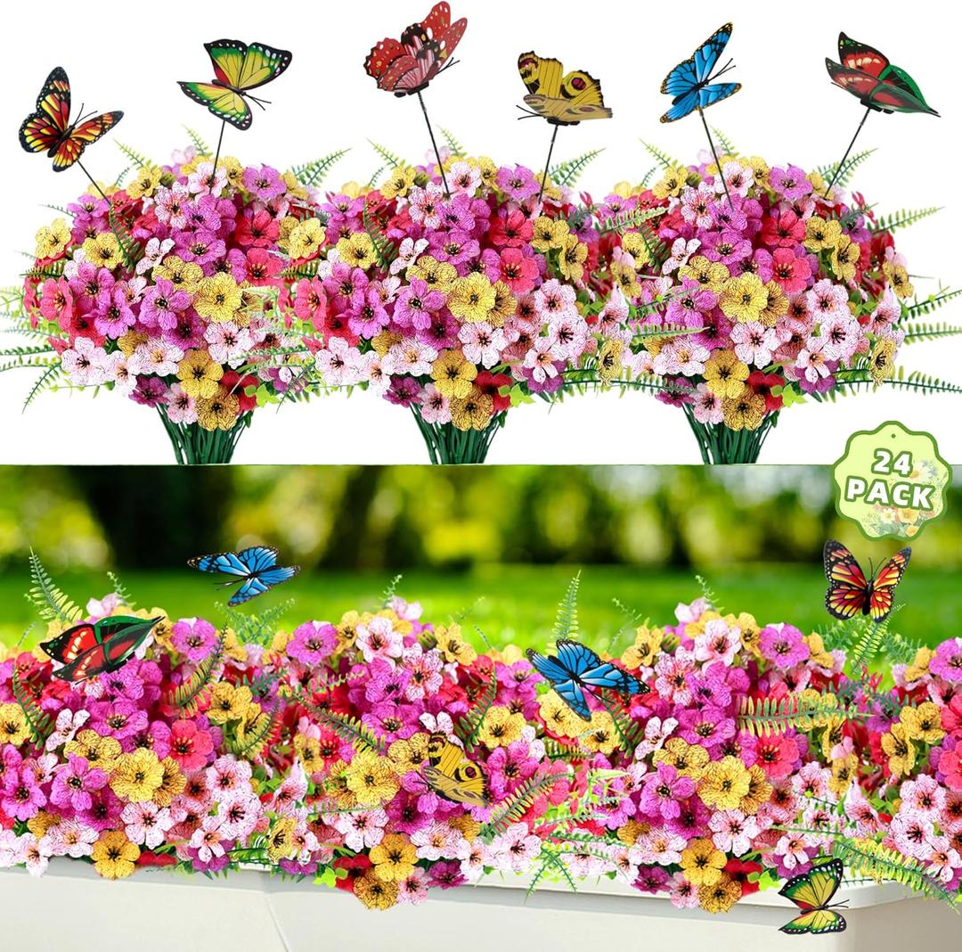 Artificial Flowers For Outdoors, 24 Bundles UV Resistant Fake Outdoor Flowers Faux Artificial Flower Plastic Plants for Outside Garden Porch Window Pot Spring Summer Home Decor (Multi Color-B, 24) (Rose Red+pink+purple+yellow+fern)