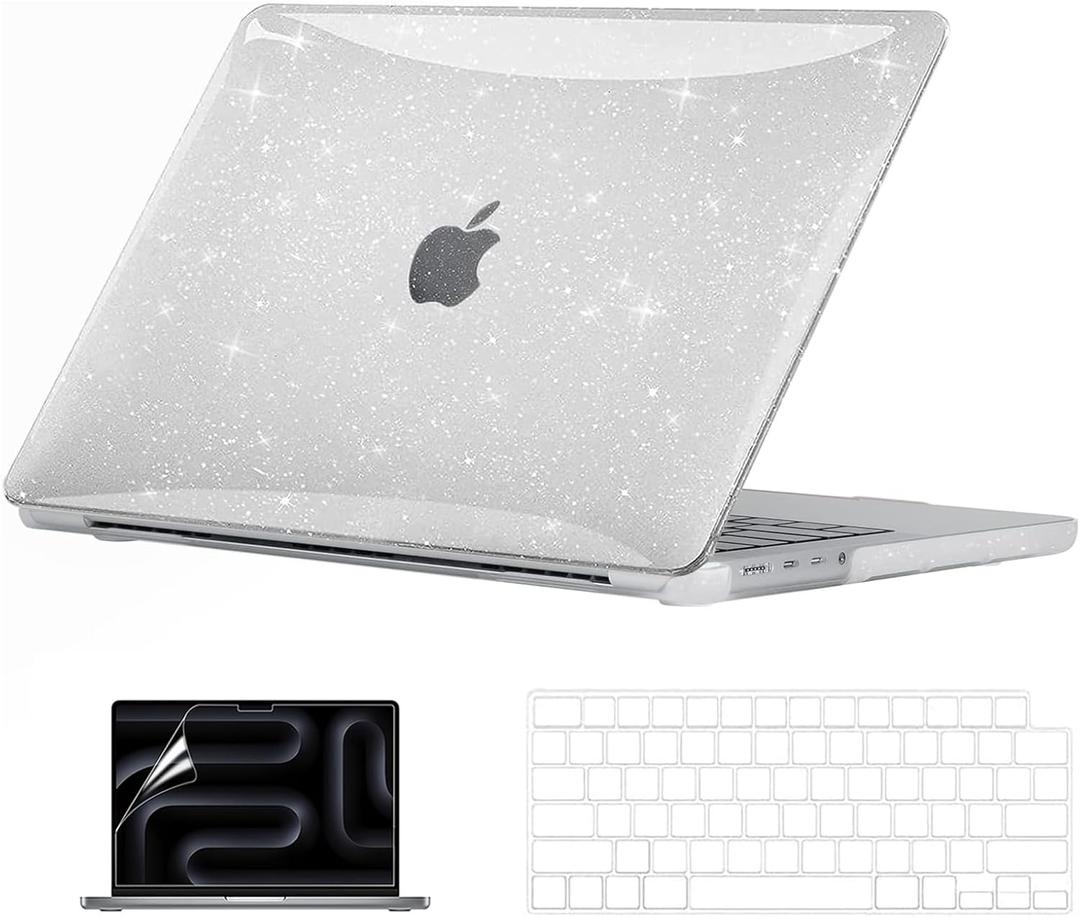 EooCoo Case Compatible with MacBook Pro 14 inch M5 2026-2021 M4 M3 M2 M1 Pro/Max Chip, Hard Shell Cases with Keyboard Cover, Screen Protector - Sparkly Clear