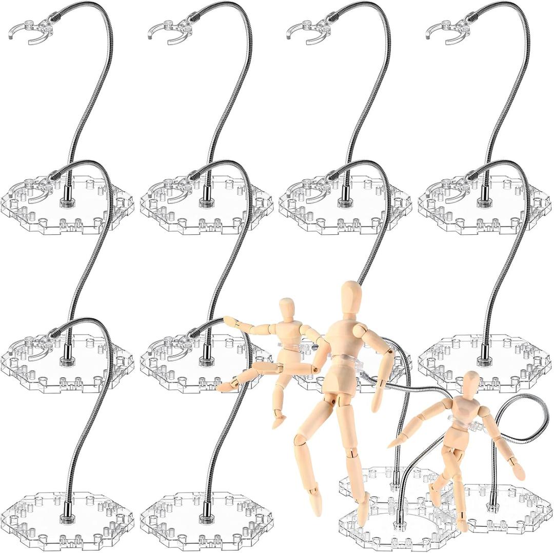 12 Pcs Action Figure Stands for 8 to 12 Inches Dolls Flexible Assembled Action Figure Display Holder with Adjustable Metal Support Arm Figure Stands Base Compatible with HG/RG 1/144 Toy (Clear)