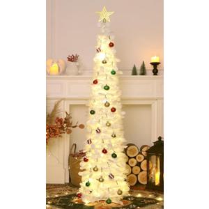 5 FT Pop Up Christmas Tree with Timer Lights and Decorations, White Artificial Tinsel Christmas Tree with 24 Ball Ornaments, Collapsible Pencil Tree for Home, Office, Holiday Party