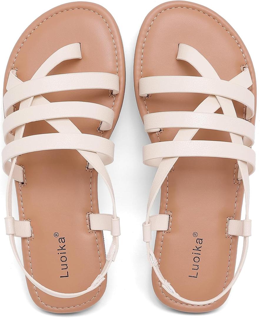 Luoika Women's Wide Width Braided Strappy Flat Sandals Beige 8xw 250769