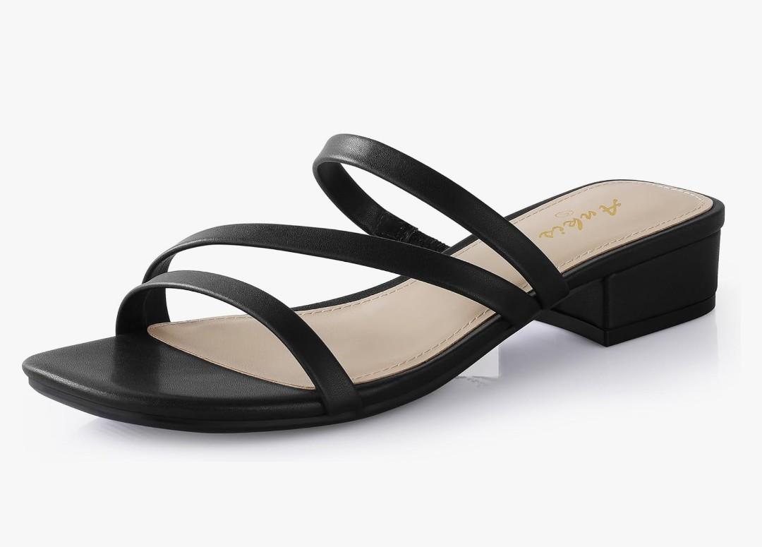 Ankis Black Nude White Strappy Heels Women 1 Inch Low Chunky Block Heel Heeled Sandals Square Open Toe Slip On Slides Mules Black, 7B