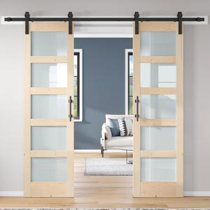 Double 2484 inch Glass Sliding Barn Door Slab with 8ft Hardware Kit Included, 5-Panel Frosted Glass, Spruce Wood Support DIY Dyeing, Easy Assembly