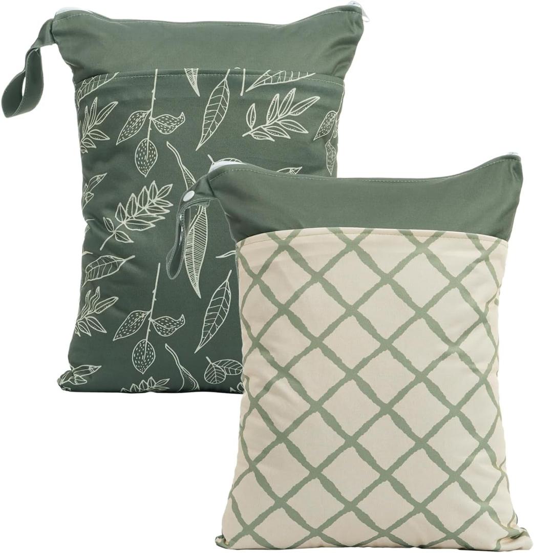 CoolaPeach 2pcs Wet Bags Waterproof Reusable Wet Dry Bag with Two Zippered Pockets Travel Beach Pool Daycare Yoga Gym Bag for Baby Cloth Diaper,Swimsuits,Wet Clothes (Leaves & Grids)