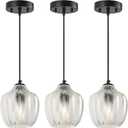Clear Ribbed Glass Pendant Light, 6.29" Modern Hanging Light Fixture, Pendant Lights Kitchen Island & Dining Room, Adjustable Cord E26 Base (Model A, 3-Pack)