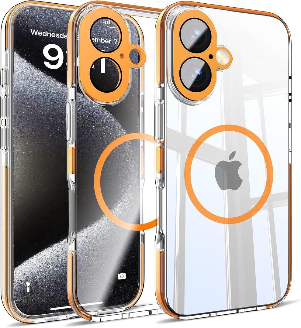 Misscase for iPhone 17 Magnetic Case,[Military Drop Protection] Clear Hard Plastics Cover, Camera Lens Protector,Compatible with MagSafe,Anti Yellowing Full Protection Cases-Orange