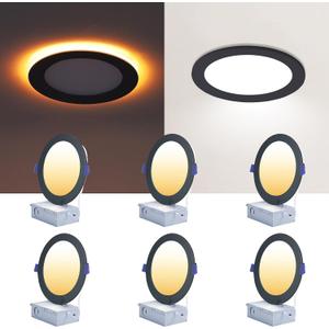 CycevSun Black 6 Inch Recessed Light with Night Light, 6 Pack, Sync & Reset | Dimmable & 5 Color Selectable, Canless, Ultra Thin, Wafer Downlight, Indoor Outdoor Exterior Soffit, 12W, ETL Listed