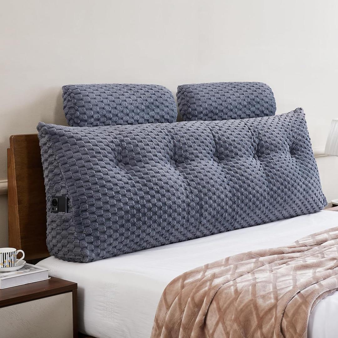 Wedge Headboard Pillow Queen- Bed Wedge Pillow for Headboard Triangular Headboard Pillow with Neck Roll Pillow-Large Bolster for Sitting in Bed Backrest Positioning Support (Grey,59x8x20 Inches)
