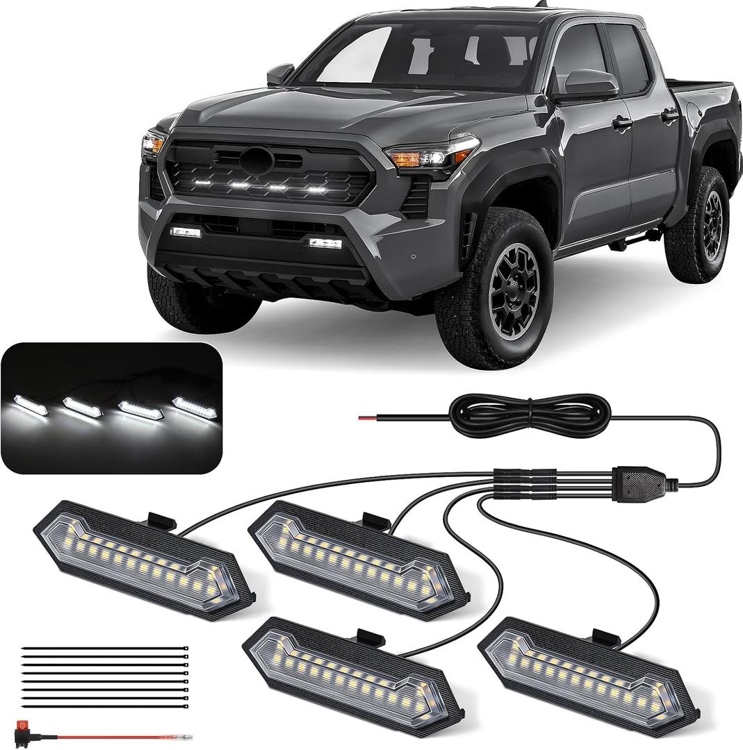 LED Grill Lights - 4PCS Front Grill Lights for Toyota Tacoma TRD Sport TRD Off-Road TRD Pre Runner 2024 2025 2026 with Fuse Adapter & Harness (White Light with Clear Shell)