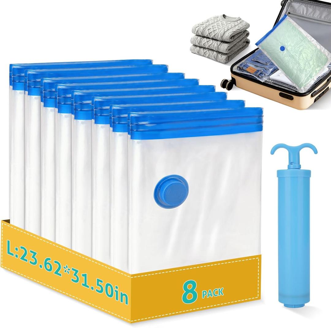 8 Pack Large Travel Vacuum Storage Bags, Portable Vacuum Seal Bags for Clothing Travel with Pump, Space Saver Bag for Luggage Suitcases Clothes Bedding Seasonal Storage