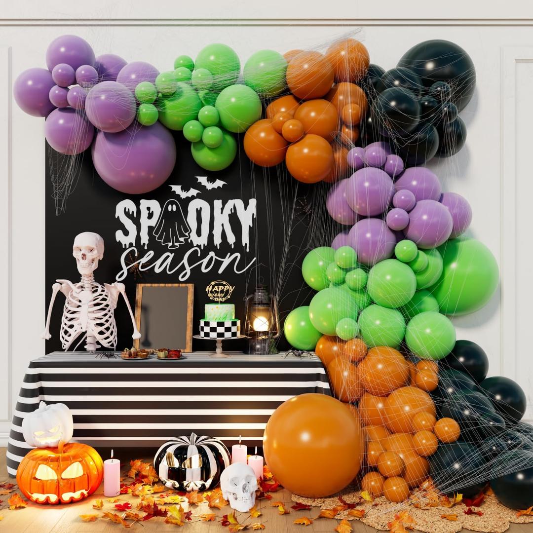 Beaumode Halloween Balloon Arch Garland Kit with Witch Bat Pumpkin Balloons for Green Purple Black Spooky Birthday Baby Shower Party Decorations (Green Purple Black)