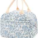 Cotton Quilted Insulated Lunch Bag, Cute Quilted Floral Lunch Tote Bags Reusable Insulated Lunch Box Coquette Aesthetic Large Capacity Insulated Cooler for Women Work Travel Picnic (Big Blue Flowers)