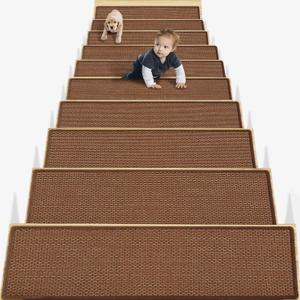 Non Slip Carpet Stair Treads for Wooden Steps - Machine Washable, Reusable Adhesive - 15 Pack 8"x30" Brown - Anti-Slip for Dogs, Kids & Elders
