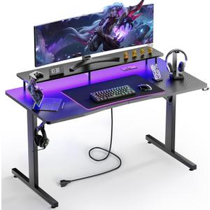 GTRACING 55 Inch Gaming Desk with LED Lights & Power Outlet, Computer Gamer Desk with Monitor Stand, Ergonomic Carbon Fiber Gaming Table Home Office Desk with Headphone Hook & Mouse Pad (Black)