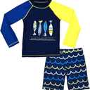 Boys UPF 50+ Long Sleeve Rash Guard and Swim Trunks Outfit Set Toddler to Big Boy Sizes (3-11Years) 5XL