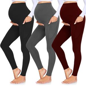 3 Pack Women’s Maternity Leggings with Pockets Over The Belly Maternity Clothes Sets Outfits Sweatpants Buttery Soft Tight Pregnancy Pants Must Haves Essentials Red Black Grey  Activewear, S