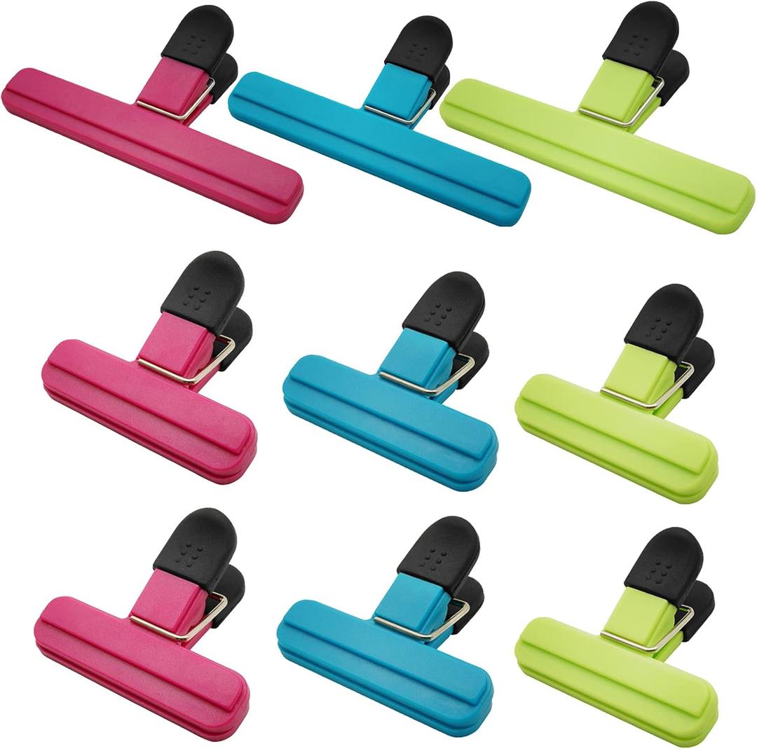 Chip Bag Clips 9pcs Air Tight, Heavy Duty, Sturdy Plastic Clips for Food Storage Assorted Sizes Food Bag Clips for Kitchen Snacks