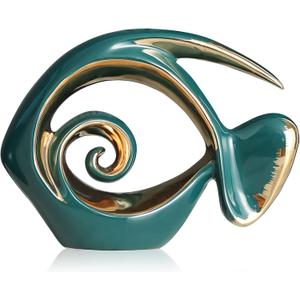 Green Gold Ceramic Fish Figurines - Coastal Home Decor, Modern Ocean Centerpieces for Living Room, Dining Area, Bathroom, Office, Coffee Table, Beach House, Nautical, Seaside, Entrance, Shelf Display
