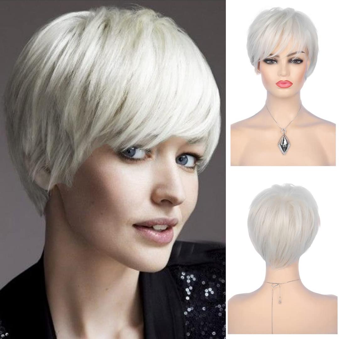 Short Cream White Wigs for Women Synthetic Natural Party Cosplay Pixie Wig with Wig Cap