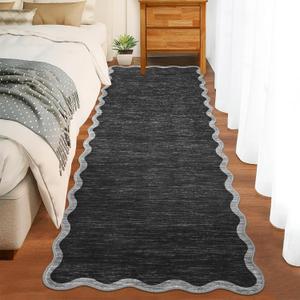 GarveeHome Scalloped Washable Runner Rug 2x6 Runner Modern Non Slip Kitchen Rugs Farmhouse Entryway Rug Soft Bathroom Rugs Stain Resistant Carpet for Laundry Bedroom 2 ft x 6 ft Black