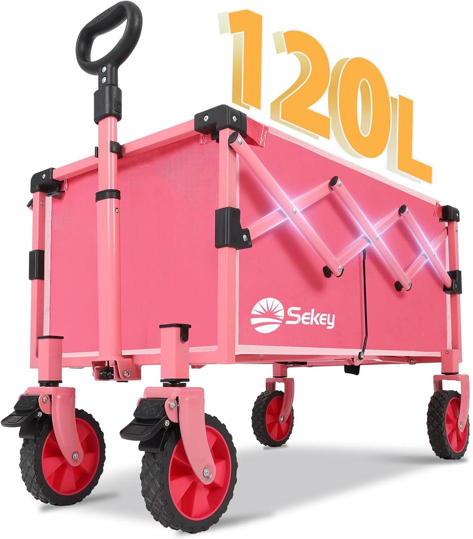 Wagon with Brakes, Foldable Cart with 220LBS Capacity, Utility Lightweight Wagon, Collapsible Grocery Shopping Cart for Camping Sports & Holiday.Barbie Pink