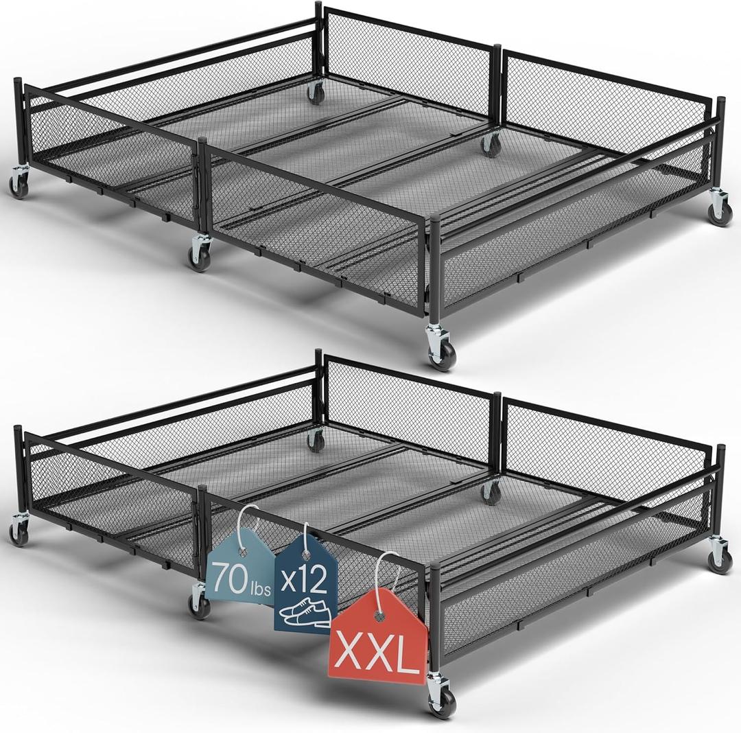 Under Bed Storage with Wheels Heavy Duty Large Metal Storage Container (70lb load), Low Profile Rolling Organizer with Removable Rubber Wheels, Easy Access for Clothes, Shoes & Blankets, 1 pack.