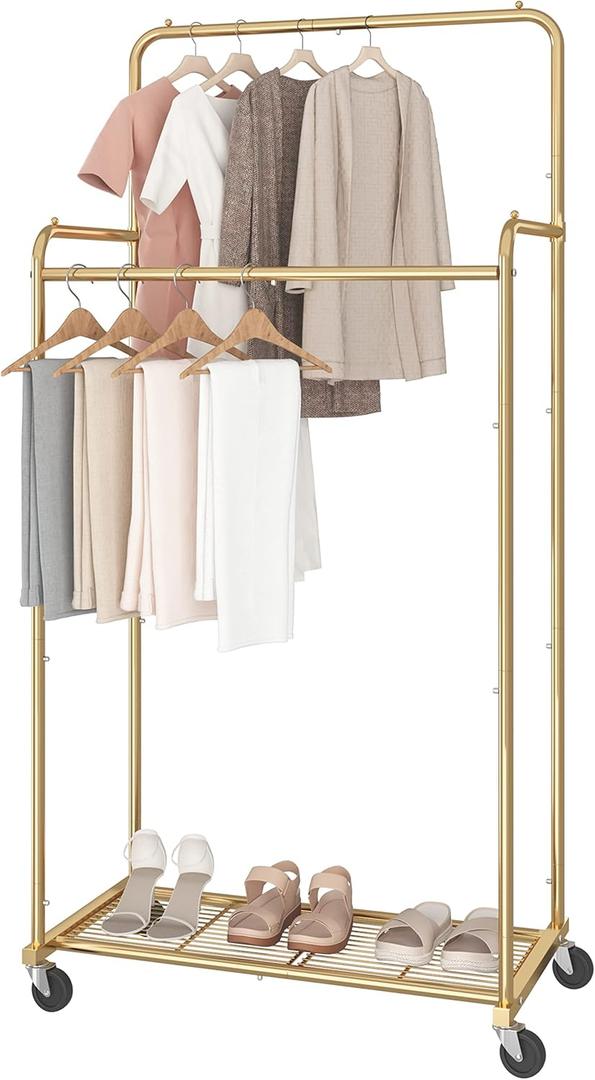 Simple Trending Double Rod Clothes Garment Rack, Heavy Duty Clothing Rolling Rack on Wheels for Hanging Clothes,with 4 Hooks, Gold