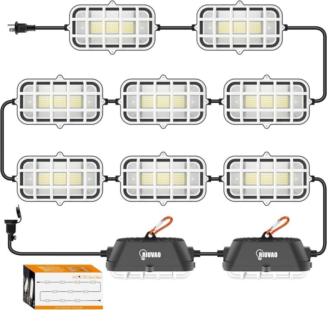 100ft LED Construction String Lights, 150W 15000LM Waterproof IP67 Led String Work Lights, Construction Temporary Light (100ft-10 Light).