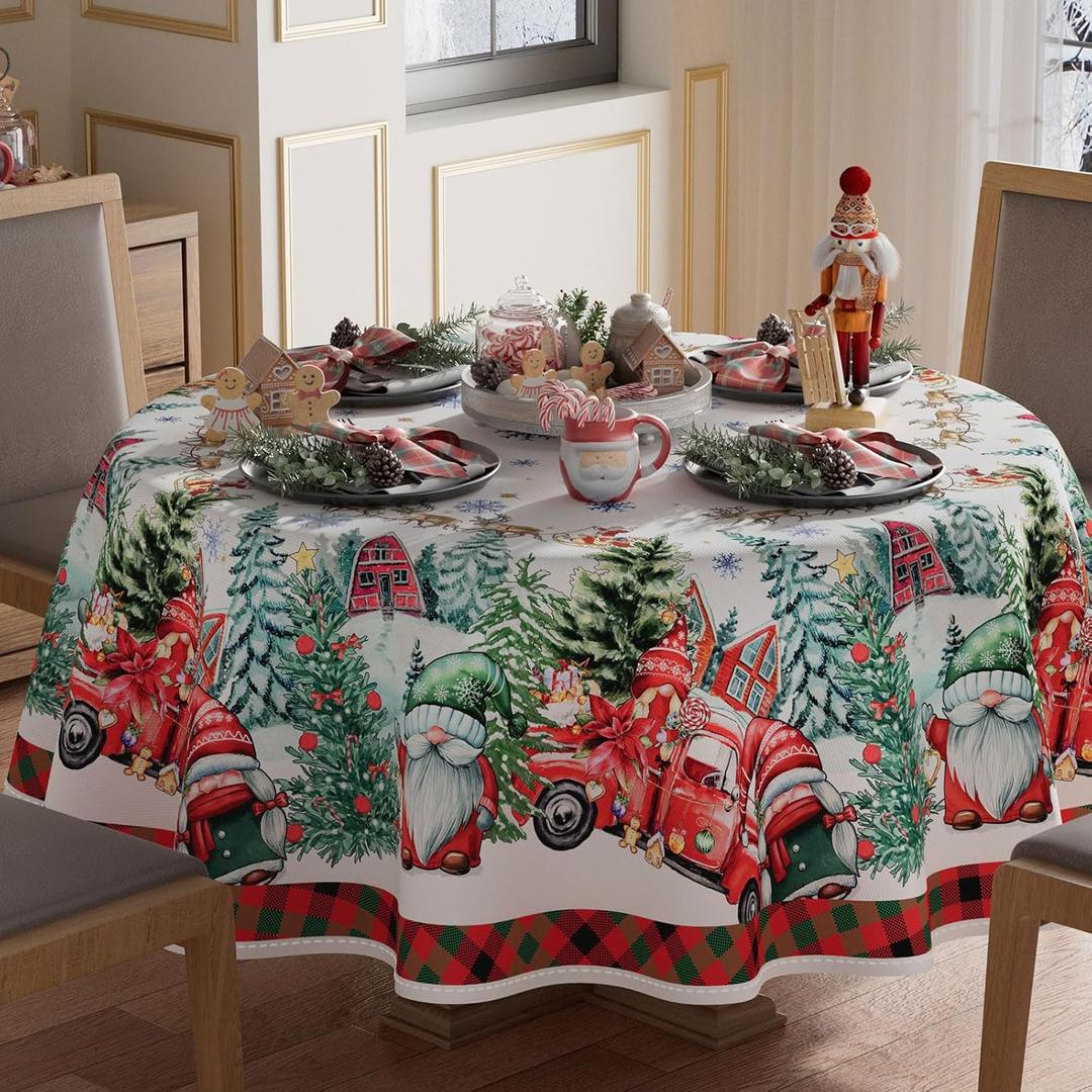 XCHI Christmas Gnomes Truck House Christmas Trees Tablecloth Round Winter Table Cloth Washable Table Covers for Indoor Dining Home Party Xmas Decorations 60x60 Inch