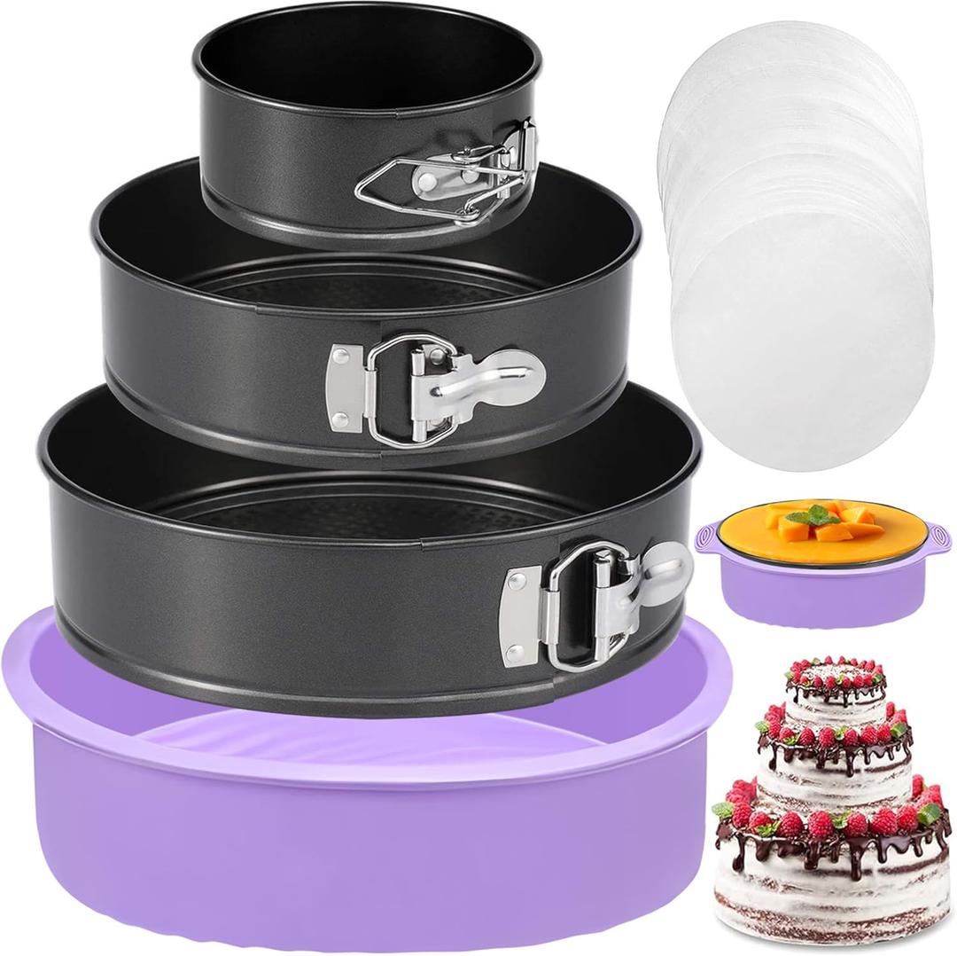 Springform Pan Set of 3 Leakproof Spring Form Pans for Cheesecake, Nonstick 4 7 9 Inch Cheesecake Pan with Silicone Protector, Springform Cheese Cake Pans Sets for Baking with 50Pcs Parchment Paper
