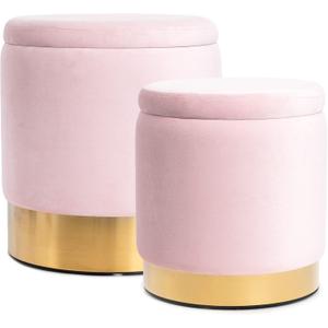 BRIKY Round Storage Ottoman, Pink Velvet Ottoman with Storage for Living Room, Upholstered Ottoman Foot Rest Stool with Gold Plating Base, Pack of 2 Vanity Accent Chairs for Bedroom
