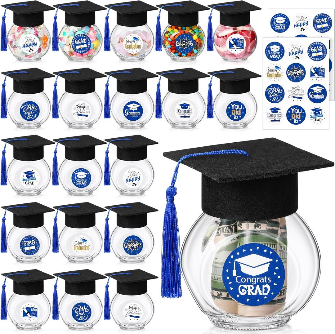 20 Sets Glass Graduation Cap Candy Jars Class of 2025 Graduation Party Decorations Candy Boxes Containers with Sticker for 2025 Grad Ceremony Party DIY Supplies(Blue and Gold)
