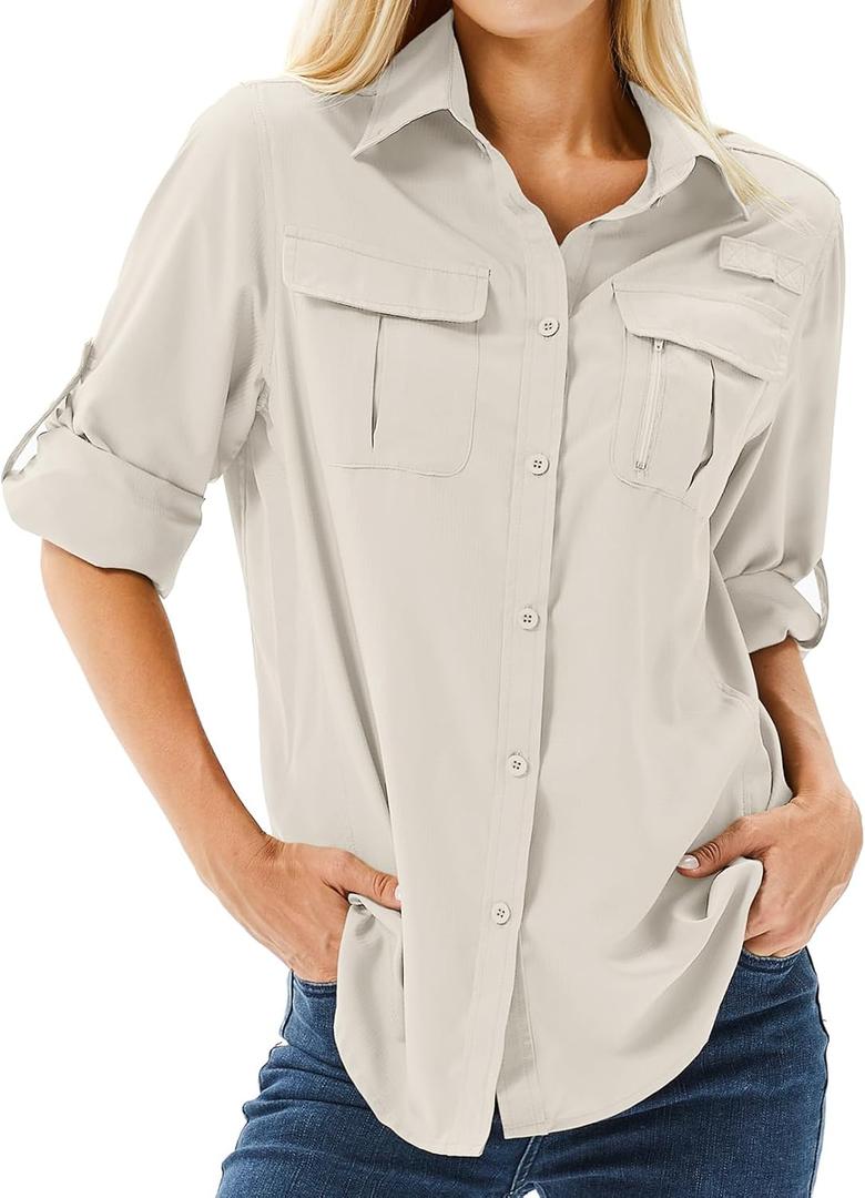 Women's UPF 50 Long Sleeve Sun Protection Shirts Safari Fishing Hiking (L)