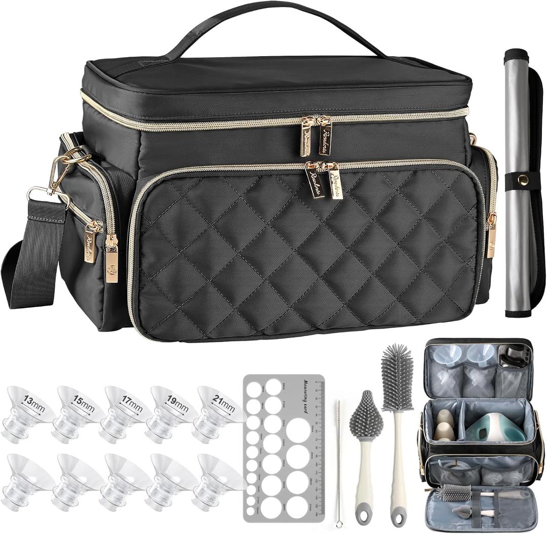 Breast Pump Bag Kit for Spectra S1/S2, Pumping Bag with Bottle Brush Set, 10 Flange Inserts for 24mm Flange, Nipple Ruler, Waterproof Mat, Pump Carrying Case for Work, Travel, Black