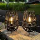 TRIROCKS Set of 2 Solar Lantern Outdoor Table Lamp Outside Hanging Solar Lights with Olefin Rope Waterproof Rattan Outside Deck Light for Patio Garden Lawn Yard (Black)