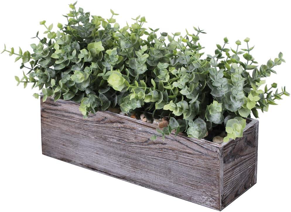 Plantas de eucalipto sinttico en maceta de madera rectangular rstica, arreglo de vegetacin de eucalipto artificial, planta en maceta en verde polvoriento para centro de mesa de boda, oficina, mesa,
