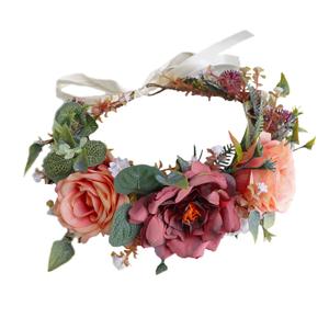 Vivivalue Boho Flower Crown Rose Floral Headband Hair Wreath Flower Headpiece Halo with Ribbon Wedding Party Photos