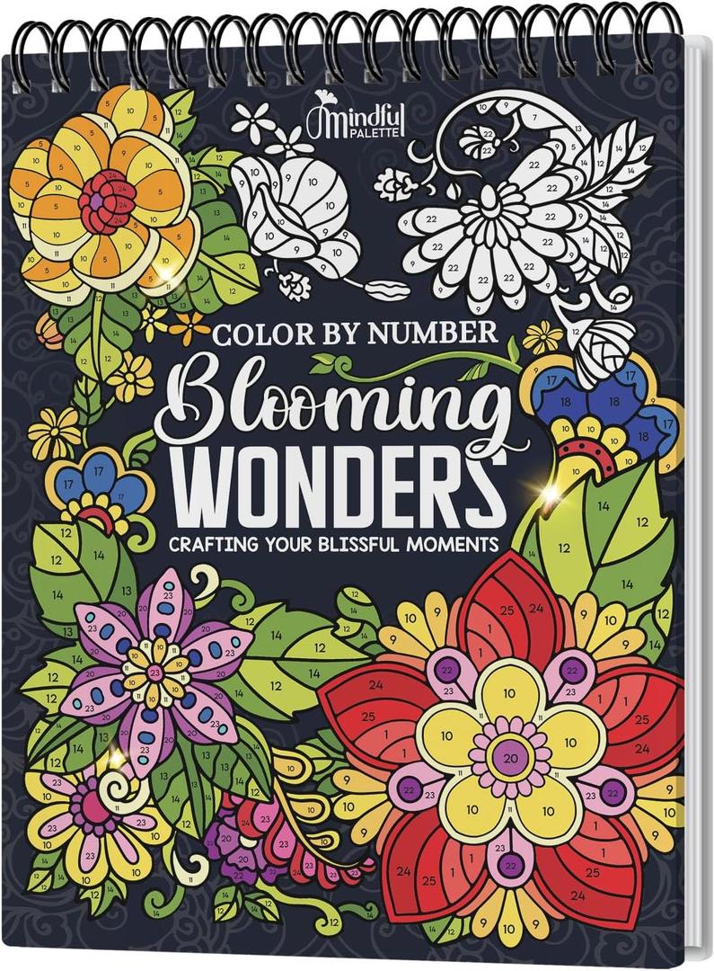 Mindful Palette Color by Number Adult Coloring Book - 30 Unique Floral Nature Number Designs, Spiral Bound, Thick Paper for Alcohol Markers, Hard Cover, Relaxation Books Gift for Adults and Woman