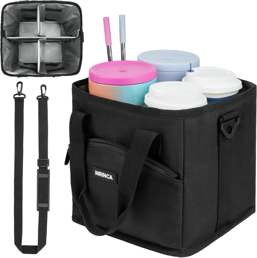 Reusable Drink Carrier with Handle Insulated, Collapsible 4-Cup Beverage Bag with No-Spill Base, Adjustable Dividers & Shoulder Strap, Portable Caddy for Delivery, Car and Travel, Black