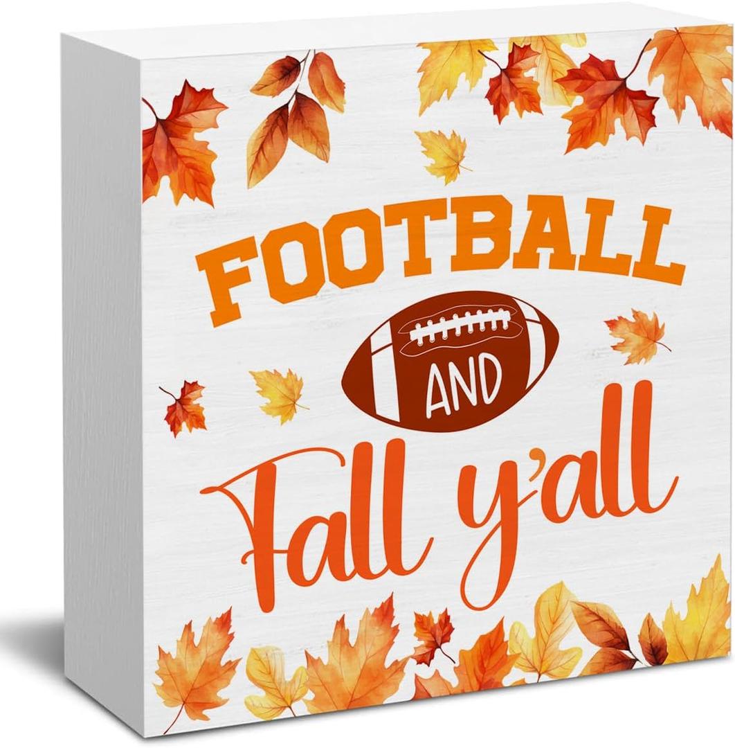 2 x Fall Wall Decor Football Wood Sign Rustic Autumn Decorations Farmhouse Home Table Desk Decor (5 x 5 Inches)