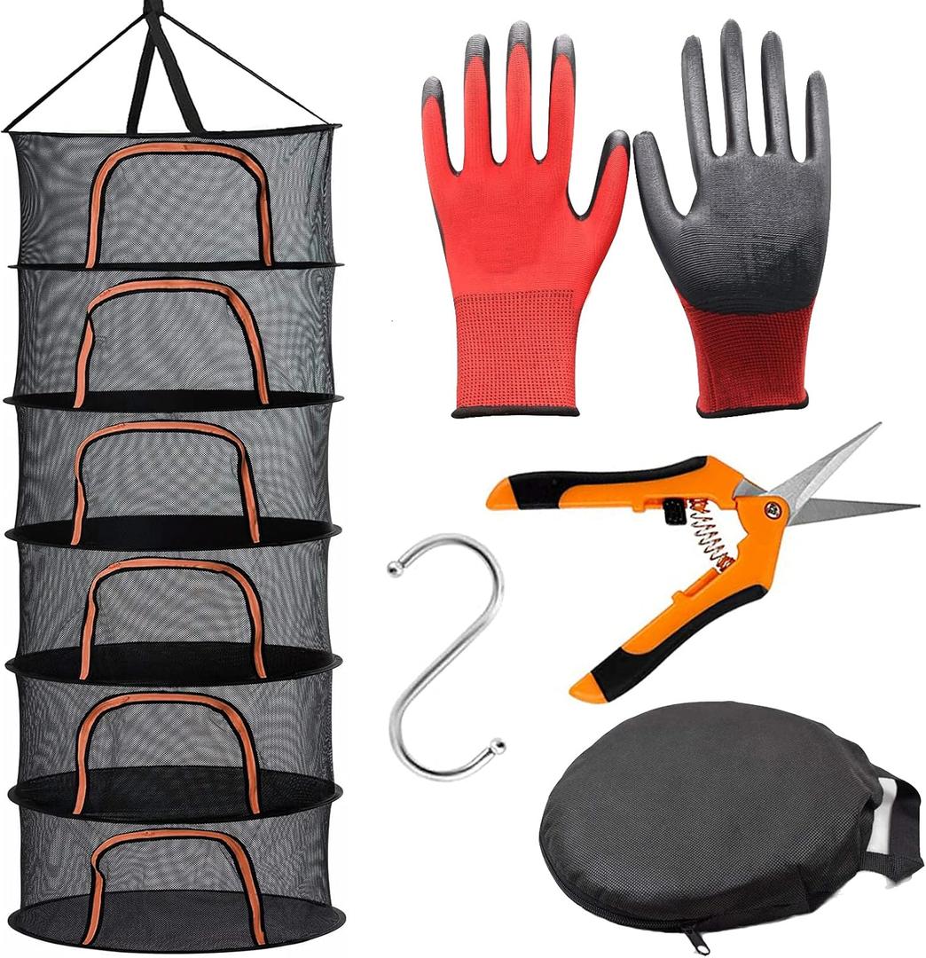 Herb Drying Rack, 6-Layer Black Hanging Drying Rack with U-Orange Zipper, Plant Drying Rack net for for Drying Herbs, Food, Meat, Flowers of Hanging Drying net